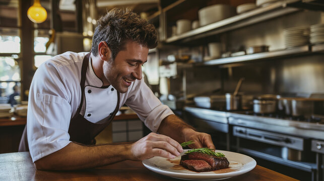 closeup photo of chef preparing a beef steak, wearing uniform leaning over the dish, serving meat, restaurant kitchen interior on background