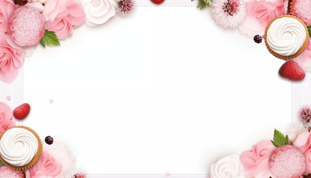 frame of flowers and cake and beeries