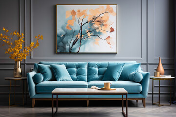 Experience serenity with a blue sofa paired with a suitable table, creating a calming atmosphere in the living room, while an empty frame awaits your personal touch.