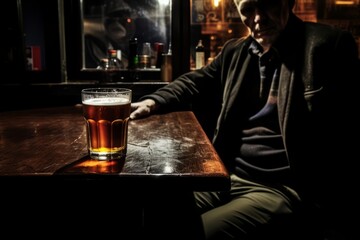 Lone man enjoys a beer at a bar, a pint of beer his only companion. - obrazy, fototapety, plakaty