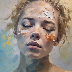 Artistic portrait of a beautiful young woman with smeared face and eyes closed. Oil paint with a high textured texture