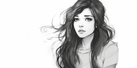 Sketch of a long-haired woman, beautifully drawn in an anime style.