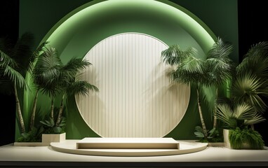 A green mini stage with palm leaf decorations next to it. generative AI