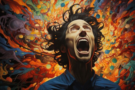 Detailed painting of an anxious man screaming in pain, mouth agape.