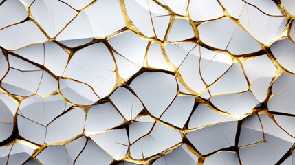 Cracked white and gold surface, featuring abstract textures and golden structures. - obrazy, fototapety, plakaty