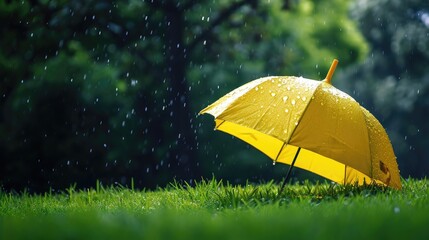 yellow umbrella when rain on green grass of yard 