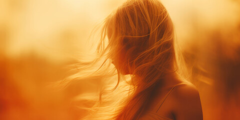 Woman with long hair bathed in golden light, flowing in the wind with an ethereal orange-yellow glow.