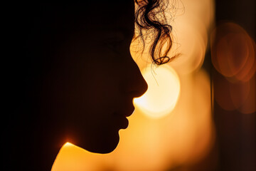 女性の横顔　シルエット　影　逆光　玉ボケ