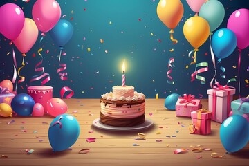 birthday cake with candles and balloons