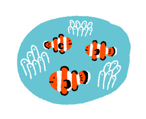 カクレクマノミとイソギンチャク【熱帯魚】の手描きイラスト