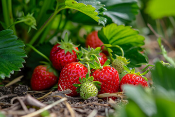 handful of sweet strawberries, with a few still on the vine