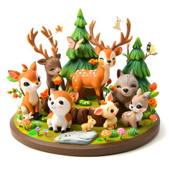 Woodland creatures figurines in a diorama isolated on white background, cartoon style, png

