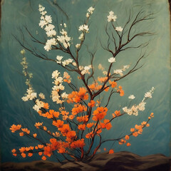 Painting of a tree with flowers on a dark blue background.  A Serene Floral Print In Tonalism Style