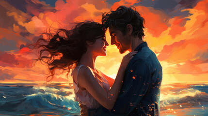 Painting captures a couple embracing on the beach, their love palpable. - obrazy, fototapety, plakaty