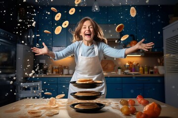 Maman qui fait des cr&ecirc;pes avec son enfant pour la chandeleur