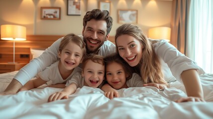 family in a hotel room on a bed. Family vacation concept - obrazy, fototapety, plakaty