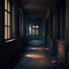 dark corridor with old windows in abandoned building. Halloween, horror concept. Haunted corridor 