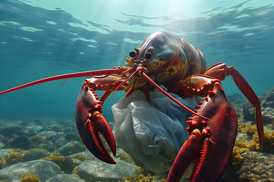 Underwater global Environment problem with plastic rubbish, crayfish carrying a bag of waste from the ocean, Waste in the ocean