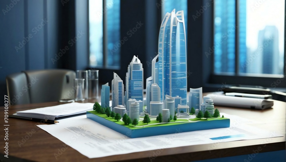 Poster concept holo blue 3d render miniature model maquette of small skyscraper building on table in real e