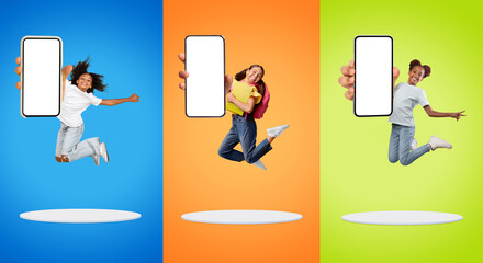 Check This. Cheerful Preteen Girls Jumping With Big Blank Smartphones In Hands