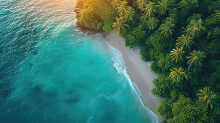 Aerial view of palms on the sandy beach of Indian Ocean at sunset. Summer in Zanzibar, Africa. 