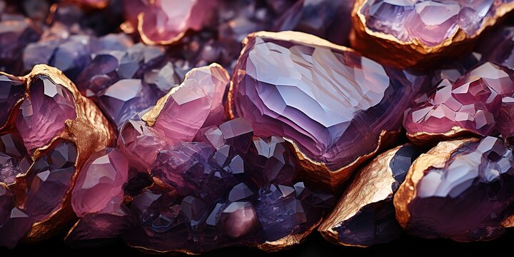 A shiny purple crystal ruby ​​stone with a combination of gold. generative AI