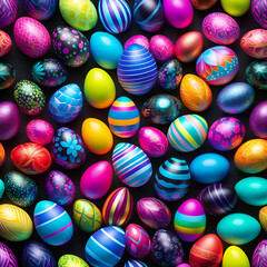 Fototapeta na wymiar Banner Colorful easter eggs on a black background. Neon and fluorescent style.