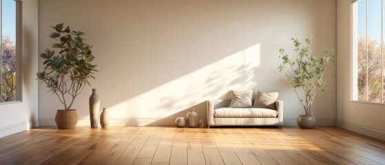 A minimalistic empty room interior that captures the essence of spaciousness. Soft natural light...