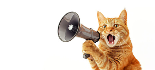 Funny ginger red cat holding gray megaphone loudspeaker in its paws and meowing isolated on white...