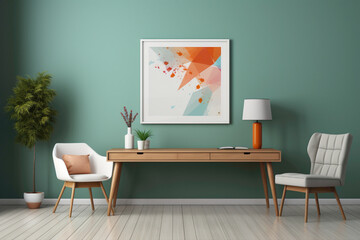 A chic and comfortable living room mockup with solid colorful decor and an empty frame on the wall, offering a trendy and spacious background for your copy.