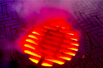 Close-up of a red-hot, steaming manhole cover
