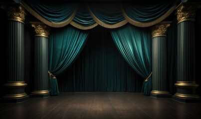 Green curtains with a combination of packaging lines in the theater. generative AI