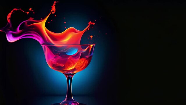 Glass of martini with ice and splashes in neon lights on dark background, bokeh effect. Space for text. Creative cocktail drink neon colors. purple,pink orange. Festive party background copy space Spa