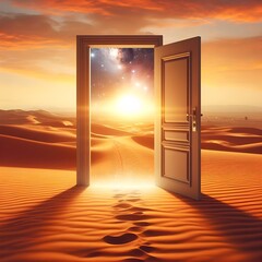 Opened door on desert. Unknown and start up concept