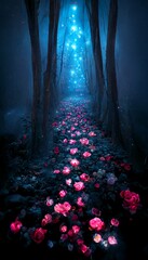 ancient magical forest, tall pink trees, moonlit, with bioluminescent mushrooms, fireflies, pale blue fog, mysterious, twinkling stars, cinematic lighting, photoreal