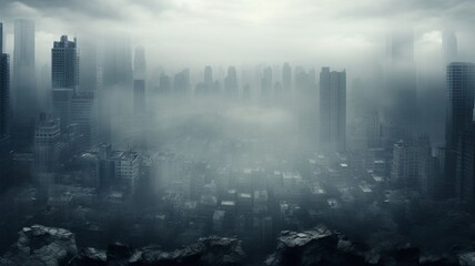 A cityscape blanketed in a light fog, with skyscrapers partially obscured, creating an ethereal and mysterious atmosphere -Generative Ai
