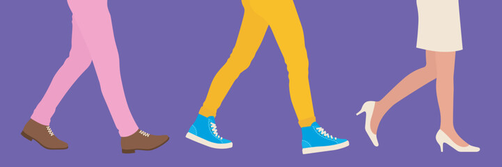 Three stylish young people walking in a row. Walking legs vector illustration/banner. - obrazy, fototapety, plakaty