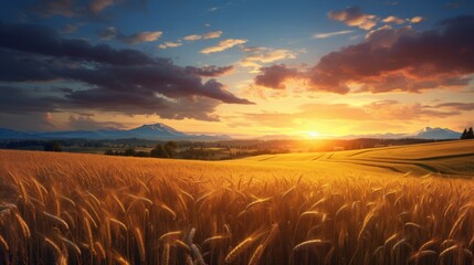 Beautiful wheat field at morning sunrise view golden scene. Generate AI image - obrazy, fototapety, plakaty