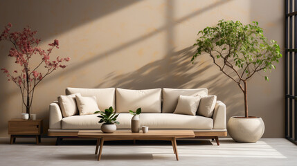 A stylish beige sofa surrounded by neutral tones, accompanied by a contemporary table holding a single, carefully placed plant. The HD image captures the elegance of the room.