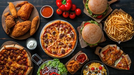Buffet table scene of take out or delivery foods. Pizza, hamburgers, fried chicken and sides. Above view on a dark wood background - obrazy, fototapety, plakaty