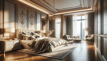 general view of a luxury bedroom interior with a bed and a window. The scene should highlight a lavish and sophisticated - Powered by Adobe