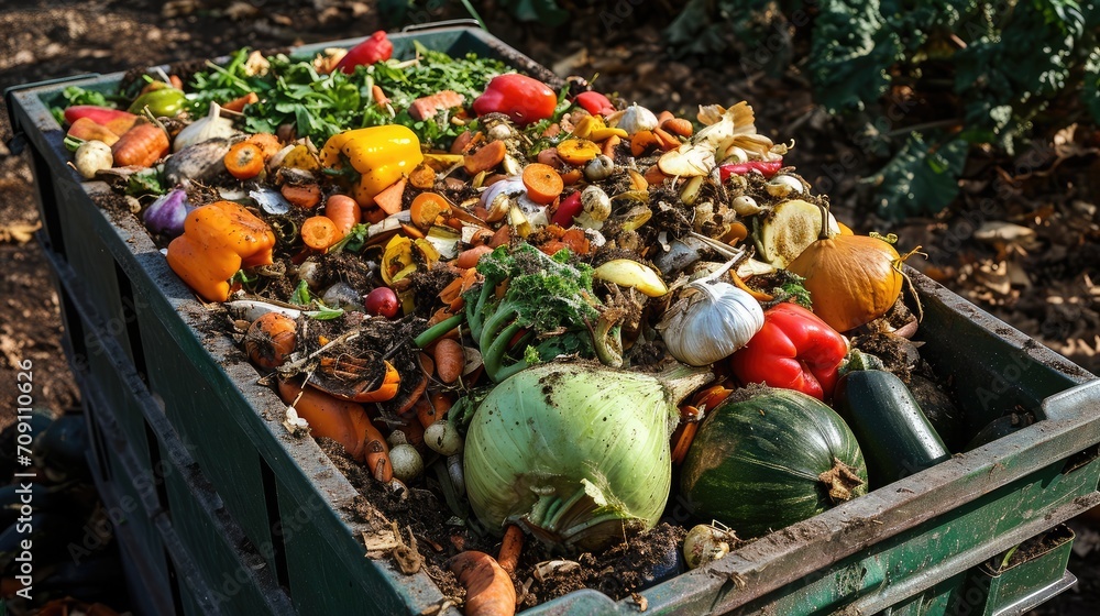 Wall mural expired organic bio waste. mix vegetables and fruits in a huge container, in a rubbish bin.