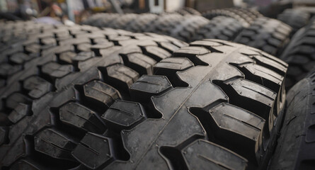Closeup of truck wheel, Fragment of tire, Texture of Truck tire tread stock photo
