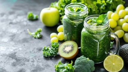 Fototapeta premium Glass jar mugs with green health smoothie, kale leaves, lime, apple, kiwi, grapes, banana, avocado, lettuce. Copy space
