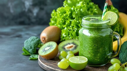 Fototapeta premium Glass jar mugs with green health smoothie, kale leaves, lime, apple, kiwi, grapes, banana, avocado, lettuce. Copy space
