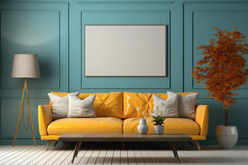 A vibrant and solid colorful interior living room mockup with a blank empty frame on the wall, providing a stylish and visually appealing setting for your creative copy.