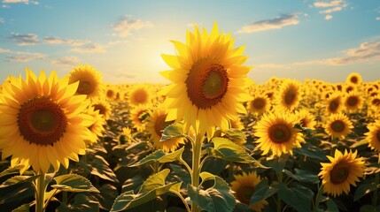 Obraz premium This high-definition 3D render brings to life a field of sunflowers, their golden faces turned towards the sun