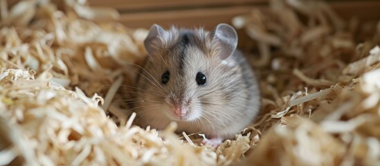 Hamsters are kept in a cage with bedding.