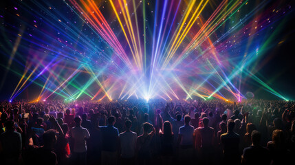Crowd of dancing people on rave, in nightclub or disco party, laser show, colorful lights - obrazy, fototapety, plakaty