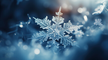 Macroscopic photo of snowflakes, ice crystals, deep blue color